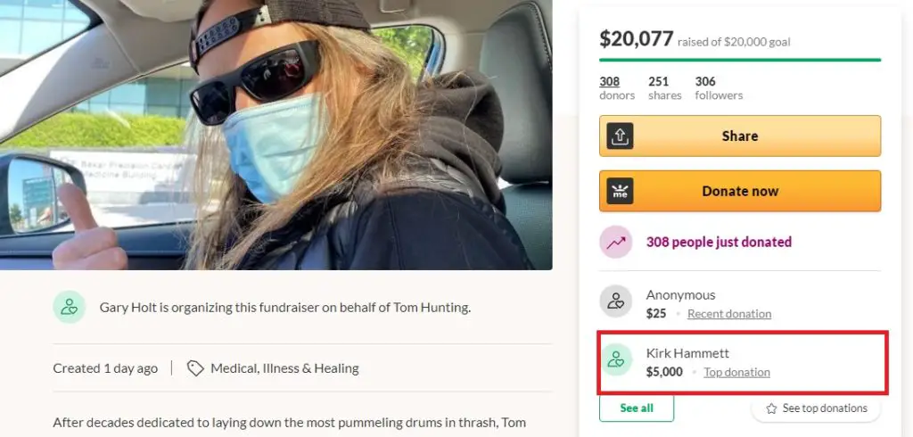 KIrk Hammett Donates To Tom Hunting